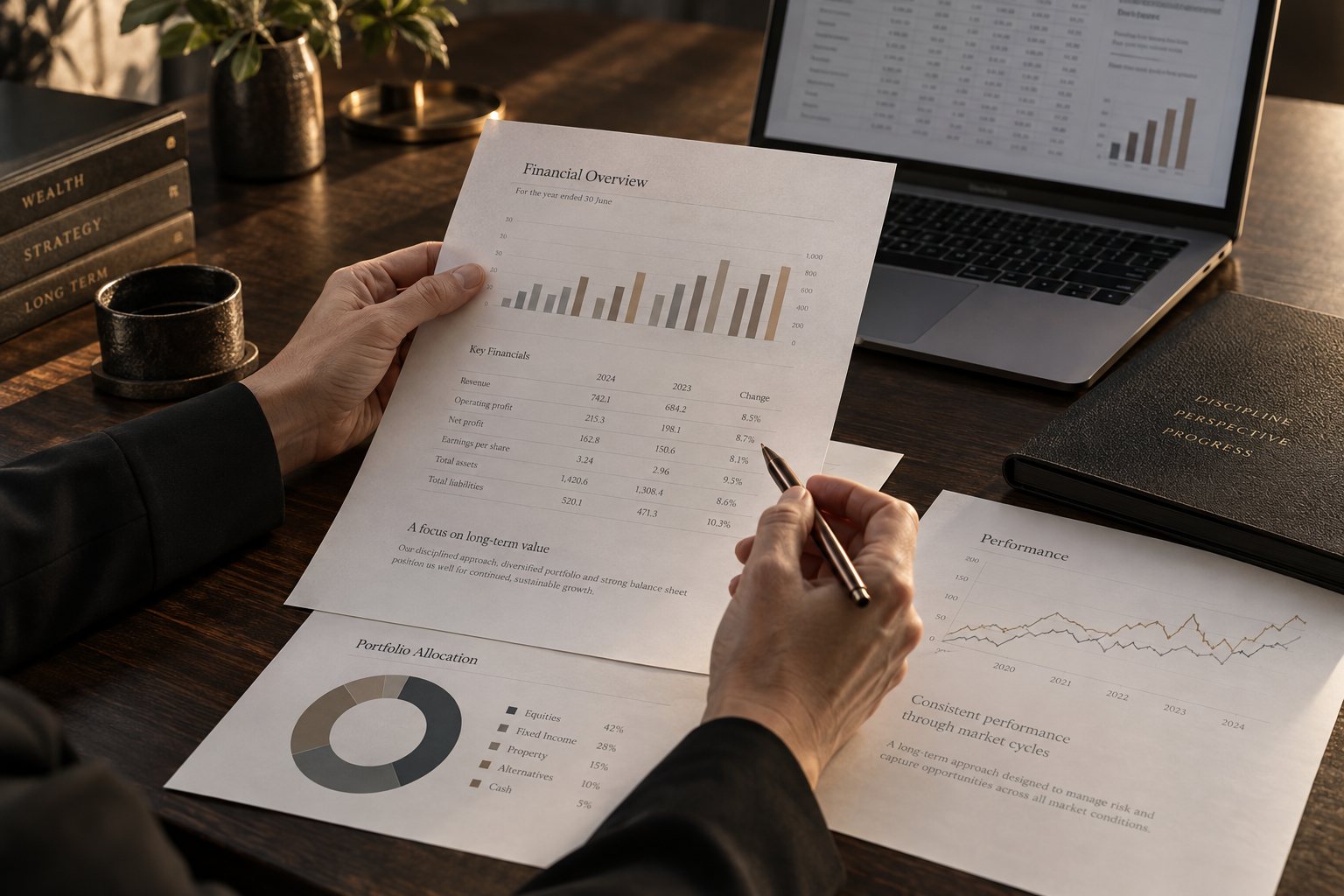 A close-up of financial reports being reviewed alongside a laptop