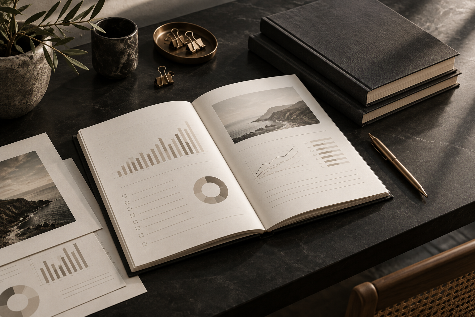 Business planning workbook with financial charts, checklists and reference books on a charcoal desk