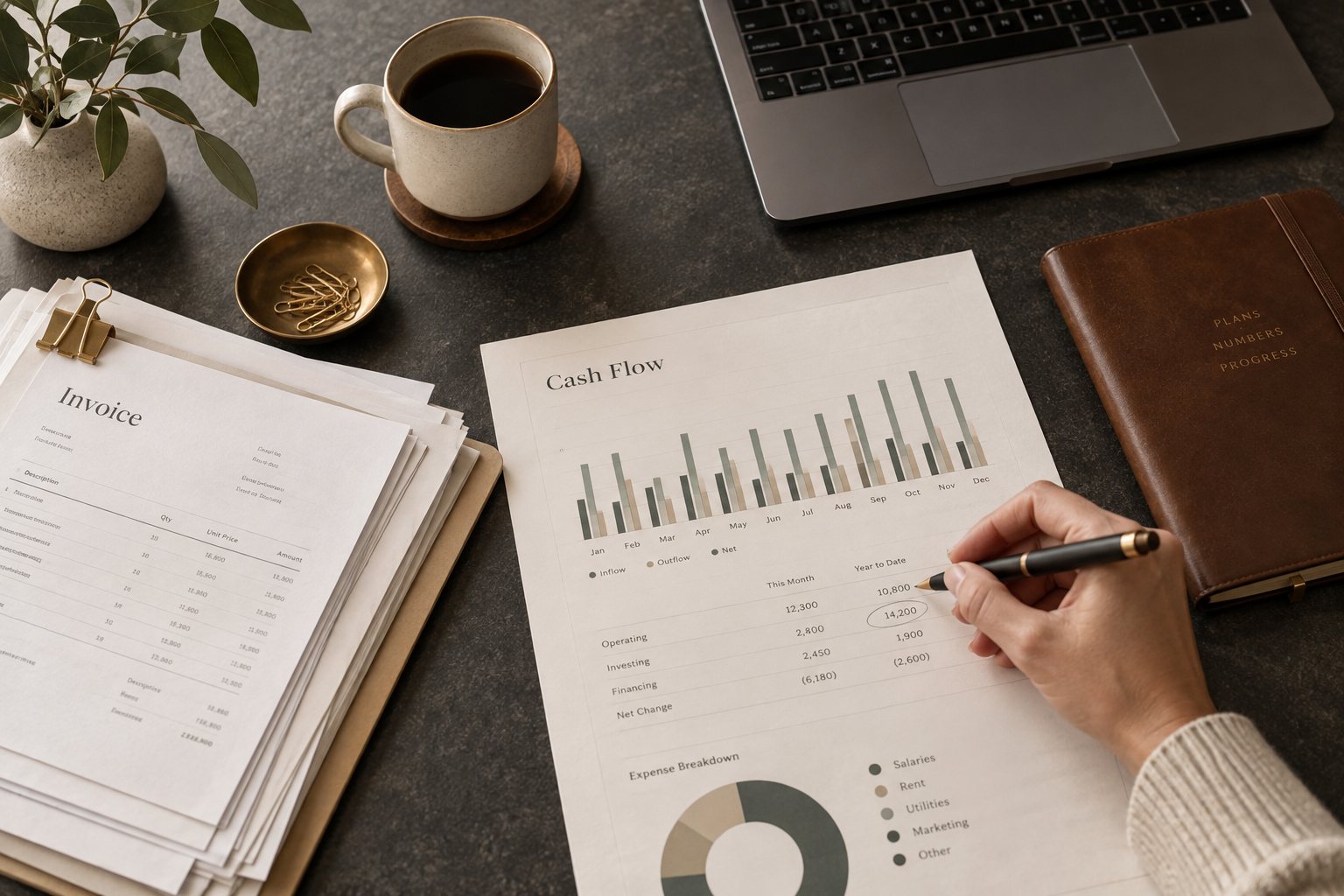 Organised financial reports, invoices and a notebook on a bookkeeping desk